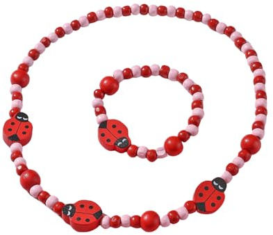 Damaiyyy Holz Kinder Schmuck Set,Marienkäfer Freundschaftsarmband Marienkäfer Perlen Halskette und Armband Geschenk für Mädchen Geburtstag Party Dress Up Kostüm Zubehör
