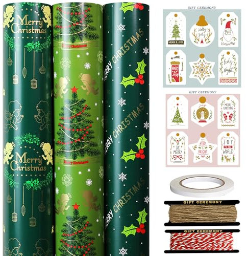 FullJoyHut 3 Rouleaux de Papier Cadeau de Noël Vert - 43cm x 3M chacun,Rouleaux de Papier d'Emballage Recyclable de Noël avec Étiquette Ficelle et Adhésif pour Emballage Cadeaux Noël,B