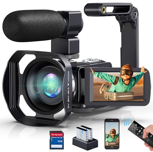 Videokamera 5K 64MP Camcorder für YouTube, HD 30FPS Webcam IR Nachtsicht Vlog Kamera, 18X Digitalzoom 3,0 Touchscreen WI-FI Video Kamera mit SD Karte, 2 Akkus, 2,4G Fernbedienung, und Handstabilisator