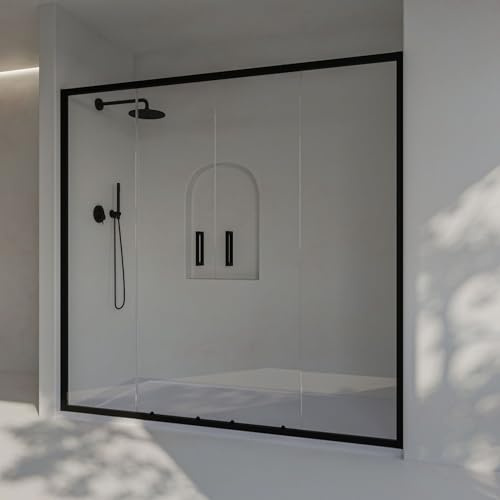 SoulHome Paroi de douche frontale 199 a 203cm x Hauteur 195 cm, Noir | 2 Coulissantes + 2 Fixes, Avec Profilé Inférieur, Verre de sécurité transparent 6mm, traitement anticalcaire, Dimension 200cm