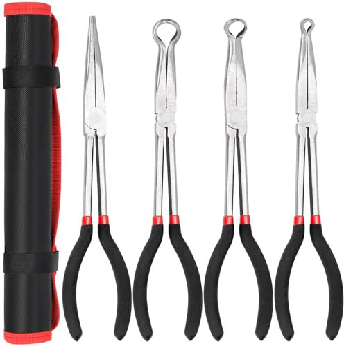 Glarks 5pcs Long 28cm Hose Gripper Pliers Set, 6.5mm, 13.5mm, 17.5mm Dia Long Reach Hose Grip Pliers, Offset Spark Plug Boot Removal Pliers, Extra Long Hose Gripper Pliers for Narrow Space