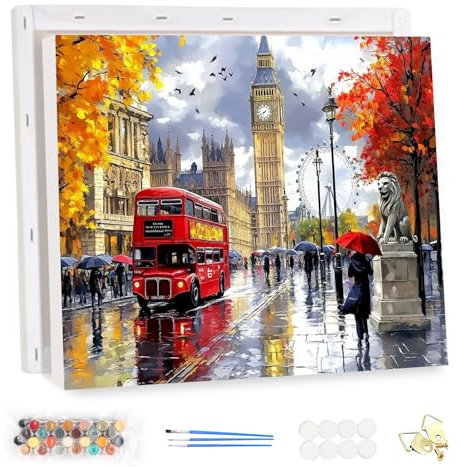 MEIYUDA Peinture par Numero Adulte avec Cadre, Paysage Londonien Kit de Peinture à l'Huile sur Toile par Numéro, Débutants Peinture Acrylique Pigmentée, Decoration Maison Cadeau 40x30cm