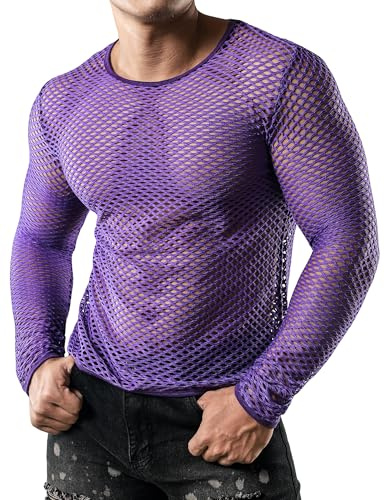 JOGAL Mens Fishnet Mesh Long Sleeve Shirt Fitted Muscle Top Large Purple