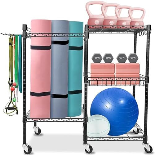 WUDLEP Dumbbell Rack Stand, Multifunctional Weight Rack for Dumbbells, Yoga Mat Storage Rack, Workout Storage with Wheels and Hooks, Home Gym Storage Rack for Dumbbells, Kettlebells, Roller, Black