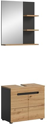 xonox.home Badezimmer Canu 2tlg. Kombination Badmöbel Set kleine Bäder Komplettprogramm Bademöbel-Set in Front + Absetzung Artisan Eiche Nb., Korpus Basalt grau Nb.