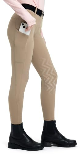 FitsT4 Sports Pantalones de equitación para niños de invierno, para niñas, rótula, de silicona, térmicos, con bolsillo para teléfono móvil y bolsillos, caqui, XS
