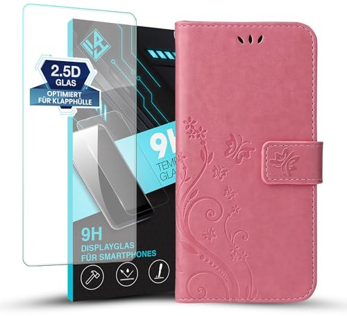 LBH Handy Hülle für Motorola Moto G14 Case mit 9H Displayglas Handytasche Schmetterling Blumen Flower Standfunktion Schutzhülle Magnet Rundum Schutz 360 Grad Flipcase Rosegold