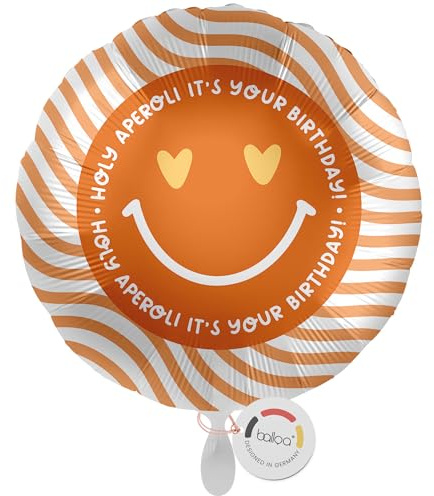balloa Folienballon Holy Aperoli Smiley, runder Luftballon zum Geburtstag, Heliumballon mit orangeweißem Design, Geschenk Deko Partyballon Frauen Männer Sommer Spritz Motiv 33cm