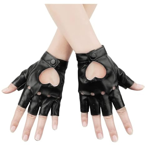 AWAVM Guantes de cuero sin dedos, guantes negros sin dedos para mujeres y hombres, accesorios punk de medio dedo ahuecados para motocicleta, baile, jugador, rock, hip hop, cosplay
