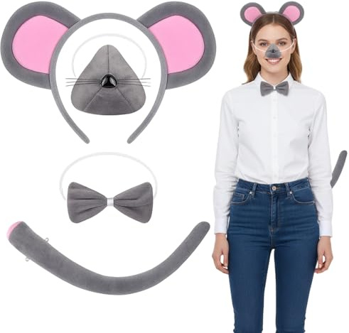 YceLon 4 Stück Maus Ohren Haarreif, Maus Kostüm Damen Set, Graues Kostüm-Zubehör-Set für Erwachsene und Kinder,Karneval Mottoparty Damen Frauen