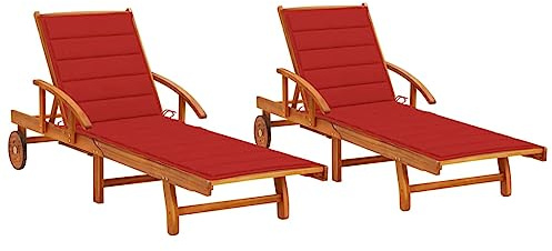 Owoxanthellate Sonnenliegen klappbar Akazie 199 x 67 cm 2 Stück Set mit Rollen Stufenverstellbar Rot Gartenliege wetterfest für Balkon Terrasse Camping