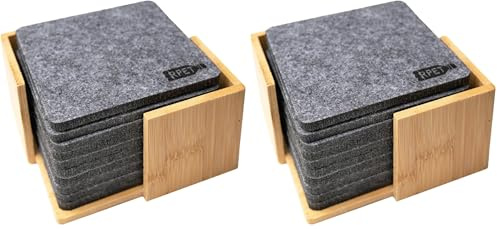 Chinchilla® 10 umweltfreundliche Getränke-Untersetzer aus recyceltem RPET-Filz mit stilvollem Bambus-Halter | Nachhaltige Tischdeko für Zuhause & Büro | Praktisches Set in Grau-Braun (Packung mit 2)