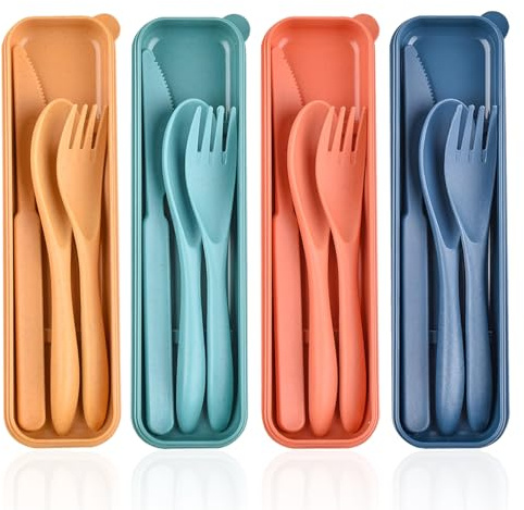 Rayakt 4 Set Travel Cutlery with Case, Portable Plastic Cutlery, Reusable Camping Utensils with Fork, Knife & Spoon, Travel Utensils for Camping, Picnic, School, Office, Outdoor Dining