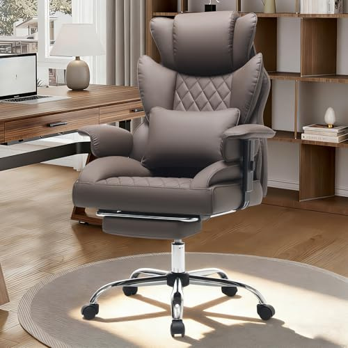 SJGUOJI Desk Office Chair, Executive Office Desk Chair with Footrest, Big and Tall PU Leather Ergonomic Office Chair, 200KG Adjustable High Back Computer Chair - Brown