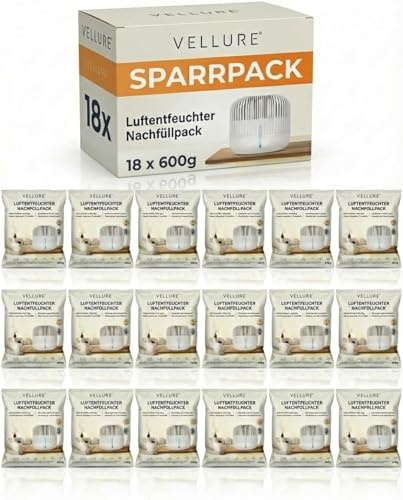 Vellure® 18x Ricarica per deumidificatore 600 g (set da 5 risparmio di granuli) | Ricarica per deumidificatore (protezione da muffa e odori)