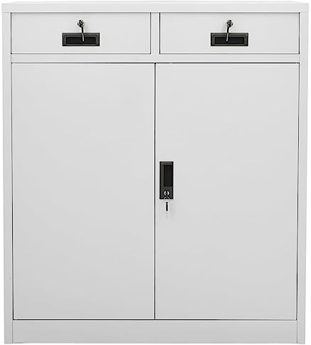 TEKGHUT Office Cabinet with Tempered Glass and Planter Box, Steel Cabinet with Adjustable Shelves and Flower Box for Storage, Light Grey 90x40x102 cm