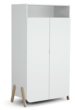 AT4 – Kindergarderobe mit 2 Holztüren PIRATE Weiß und Buche 100 x 50 x 176 cm | 1 Kleiderschrank und 6 Regale, davon 4 verstellbar