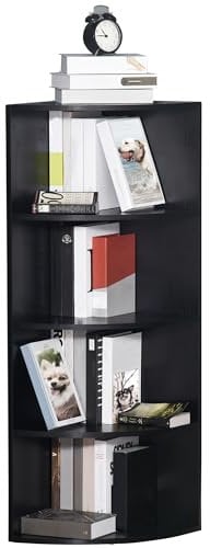 HOMCOM Wood Corner Shelf 4 Tier Unit Freestanding Bookshelf Plants Stand Display Shelf Modern Decoration Black