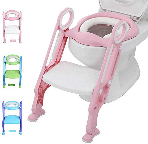 Potty Training Toilet Seat with Step Stool Ladder for Kid and Baby, Adjustable Toddler Toilet Training Seat with Soft Anti-Cold Padded Seat, Safe Handles and Non-Slip Wide Steps, Pink White for Girls