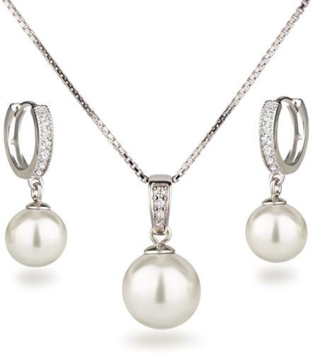 Schöner-SD Set Halskette Ohrringe Schmuckset mit Perlen 925 Silber Rhodium weiß