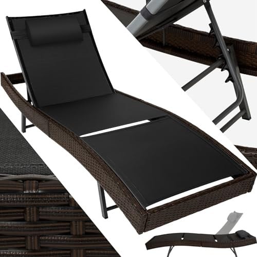 TecTake® Lettino Prendisole da Giardino in Rattan, Lettino Sdraio con Schienale Regolabile in 5 Posizioni, Lettino Giardino Antiscivolo, Alta Stabilità, Poggiatesta Incluso - Marrone