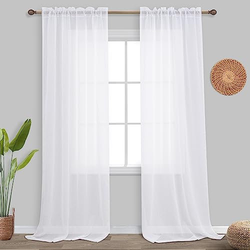 Vorhänge aus Kunstleinen, 244 cm lang, für Wohnzimmer, 2 Paneele, Set mit 2 Paneelen, Vorhangstange mit Stangentasche, Shabby Chic, Bauernhaus, Lichtfilterung, Privatsphäre, 96 Länge, Weiß