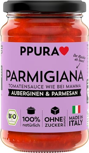 PPURA Tomatensauce Parmigiana 340g – Bio Tomatensoße mit Auberginen & Parmesan, Pasta Sauce mit 100% natürlichen Zutaten, ohne Zucker & Zusatzstoffe, traditionell hergestellt – Made in Italy