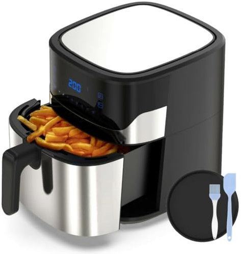 UNIVERSALBLUE Freidora de Aire Sin Aceite 5 L | Air Fryer Grande con Ventana Transparente 4-5 Personas | Control Táctil y Temporizador | 8 Programas de Cocina | Bandeja, Pincel y Espátula