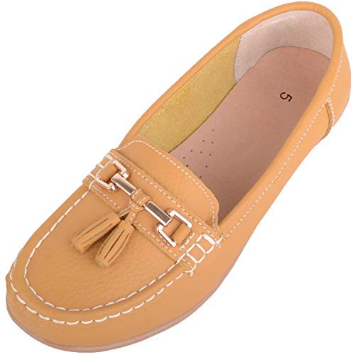 ABSOLUTE FOOTWEAR Womens Slip On Casual Leather Loafer/Deck/Boat Shoes/Sandals - Mustard - UK 4
