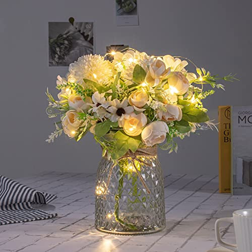 Artificial LED White Rose Flowers with Glass Vase, Remote Control Led Light, Flower Arrangement for Table Centerpiece, Home Office Wedding Decoration