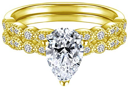 Dsnyu Eheringe Silber mit Gravur, Birne Weiß 6X9Mm Zirkonia Vergoldet 2Pcs Ring Set Träne Eheringe mit Vorsteckring 62