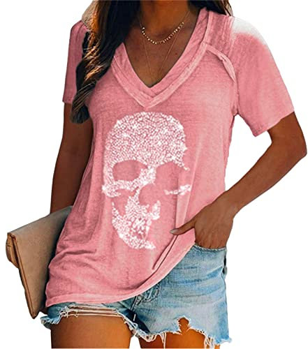 Kurzarm-T-Shirt mit V-Ausschnitt und Totenkopf-Strasssteinen für Damen Bedruckt lässig T-Shirt Punk-Rock-Mode-Oberteil