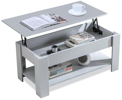 Lift Up Wooden Coffee Table For Living Room, With Large Hidden Storage & 1 Shelf, Sofa End Tea Table, 100L x 50W x (42-57)H cm