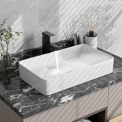 GOPLUS Lavabo de cerámica rectangular con desagüe, lavabo de mano, para baño y hotel, 60 x 35 x 11 cm, color blanco