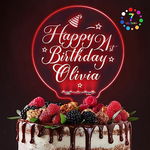 Personalised LED Cake Topper 7 Colour Changes Light Up Cake Toppers Acrylic Happy Birthday Cake Topper Cake Decorations for 1st 10th 16th 18th 20th 21st 30th 40th 50th 60th 70th 80th(Design 1)
