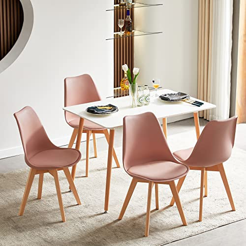 FURNITABLE Esszimmergruppe Esstisch mit 4 Stühlen Essgruppen, Rechteckig 110cm Küchentisch-Set und 4er Set Esszimmerstühle für Wohnzimmer Küche Büro (Weiß Tisch+4 Rauchrosa Stühle)