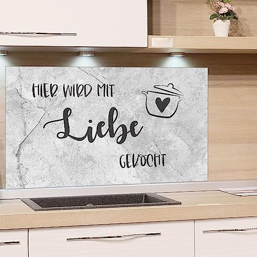 GRAZDesign Spritzschutz Küchenrückwand Glas Küche für Herd & Küchenspüle, Grau Steinoptik und Spruch | Glasplatte Rückwand Küchenwand Wandschutz | 80x50cm