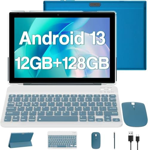 Android 15 Tablet 10 inch, 18GB RAM+128GB ROM/2TB Expandable, 2 in 1 Tablets with Keyboard Case, Mouse Stylus, 2.0GHz Quad Core Processor, Display