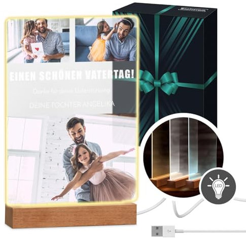 Maverton beleuchteter LED-Rahmen mit Holzständer - personalisiertes Acryl Glasbild mit eigenem Foto mit LED-Beleuchtung - Glasfoto für Männer zum Geburtstag - Größe: 21x32x4,5cm - Papa