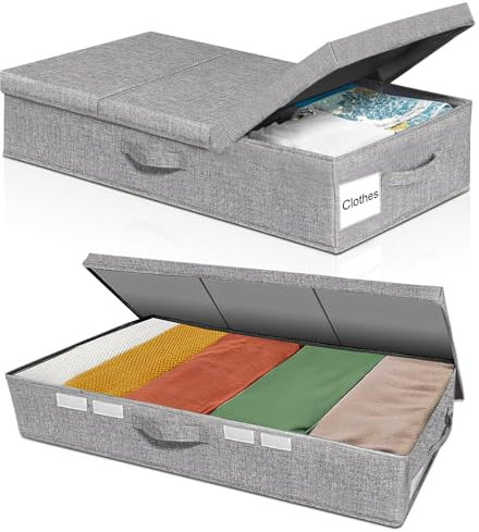 2 Pack Large Under Bed Storage Organizer with Lid, 48L Foldable Under Bed Storage Box W/ Handle, Under Bed Storage Drawer Containers for Clothes, Blankets, Comforters, Pillows, Toys