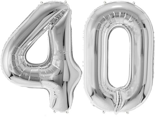 FUNFEST Luftballons zum 40. Geburtstag, silberfarben, 100 cm – Geburtstagsballon-Dekoration – inklusive XL-Ballon zum 40. Geburtstag und Strohhalm – Fliegen mit Helium
