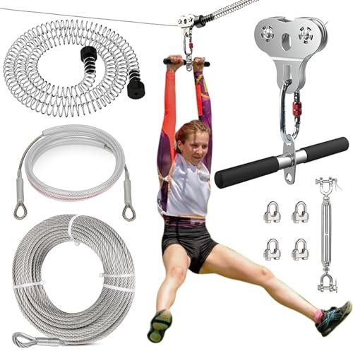 Fologtoo Seilleinen für Kinder und Erwachsene, 24,4 m lange Seilleinen für Garten bis zu 227 kg, inklusive Ziplines Bremse und Seilrolle mit Griff, Outdoor-Spielplatzausrüstung