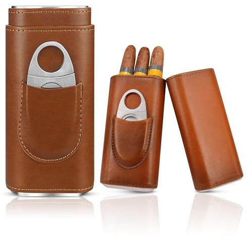 Estuche para Puros, Estuche para 3 Puros, Estuche para Cigarros de Viaje con Cortador de Cigarros de Acero Inoxidable, Estuche para Cigarros Portátil de Viaje para Cortos