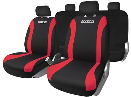 OMAC SPARCO Sitzbezüge Sitzauflage Sitzkissen Schonbezüge Autositzbezüge Universell Schwarz Rot 9 TLG Satz