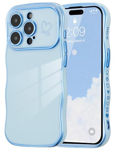 ZTOFERA Compatible with iPhone 15 Pro (6.1) Case for Girls Women, Cute Curly Wave Frame Shape Soft Silicone Case with Love Heart Pattern Camera Protection Plating Edging Shockproof Cover, Sierra Blue
