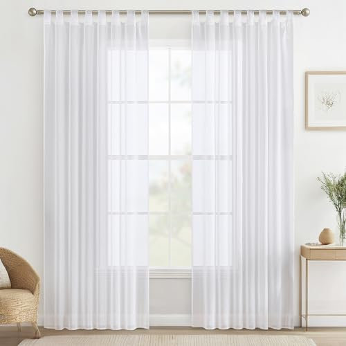 MIULEE Gardinen Schlaufenschal 2er Set Vorhänge Transparente Schlaufen Gardine Weiss aus Voile Vorhang Transparent Wohnzimmer Luftig Dekoschal für Schlafzimmer 260 x 140 cm (H x B), Tab Top Weiß