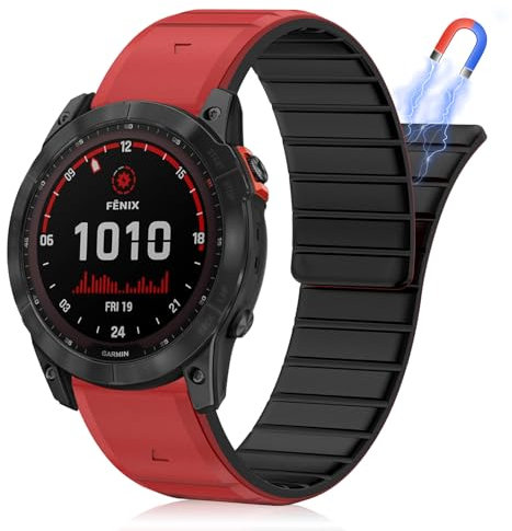 HaruYo Magnétique Bracelet QuickFit 26mm pour Garmin Fenix 8 51 mm/Garmin Enduro 3/Descent Mk3i/GARMIN Tactix 7 AMOLED/Garmin Fenix 7X Pro Solar/7X Pro/7X/6X Solar, Silicone Bracelet Rouge Noir