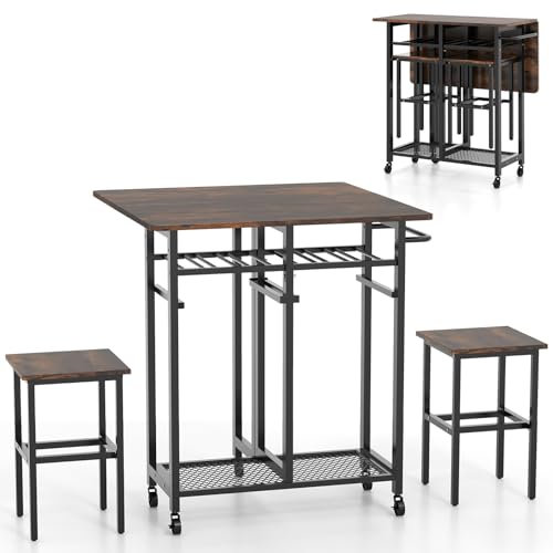 COSTWAY 3 Piece Dining Table Set, Extendable Kitchen Table with 2 Stools, 6-Bottle Wine Rack, Shelves, Side Pushing Handle & 5 Wheels, Folding Breakfast Bar Table Set for Small Space (Brown + Black)