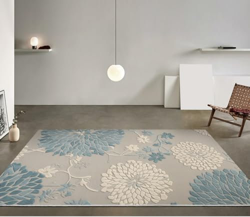 Lrrtso Moderner Blaue 3D-Blumenteppich, 60 X 90 cm, Indoor & Outdoor, Waschbar, Schmutzabweisend, Maschinell hergestellt, Mittlerer Stapel, Rechteckig, Blumig, Modern mit floralem Muster, Teppich