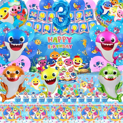 84 Pcs Shark Geburtstagsdeko 3 Jahre, Shark Deko Kindergeburtstag, Shark Birthday Party Set, Shark Decoration, Hai Geburtstagsdeko, Shark Party Supplies Set, Shark Luftballons, Shark Folienballons